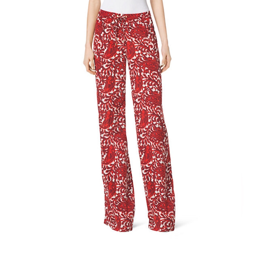 Women’s MICHAEL Michael Kors Paisley Wide-Leg Pants | Size 8 | Red Orange/ White